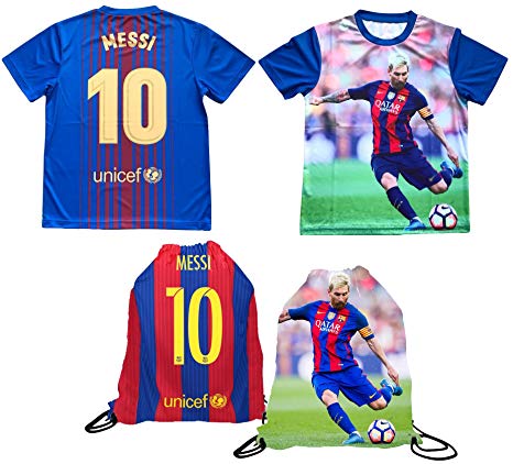 Messi Jersey Style T-shirt Kids Lionel Messi Jersey Picture T-shirt Gift Set Youth Sizes ✓ Premium Quality ✓ Lighteight Breathable ✓ Soccer Backpack Gift Packaging