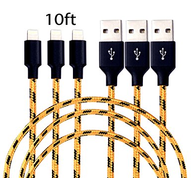 Gogo-Walking 3Pack 10FT Nylon Braided Popular Lightning Cable 8Pin to USB Charging Cable Cord with Aluminum Heads for iPhone7/7Plus 6/6s/6 Plus/6s Plus/5/5c/5s/SE,iPad iPod Nano/Touch(Black Golden)