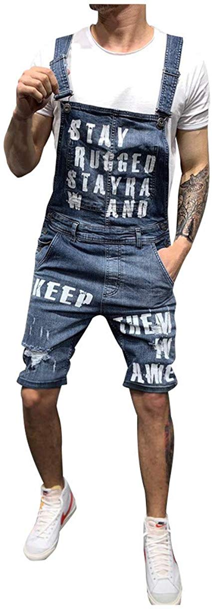 FONMA Mens Letter Pocket Jeans Overall Jumpsuit Streetwear Overall Suspender Pants