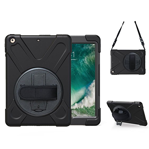 New iPad Pro 10.5 Case, TSQ Heavy Duty, Rugged Protective Silicone Case with Hand Grip, Shoulder Strap & 360 Kickstand, Hard Bumper Cover For Apple iPad Pro 10.5 inch 2017 Tablet A1701 A1709 (Black)