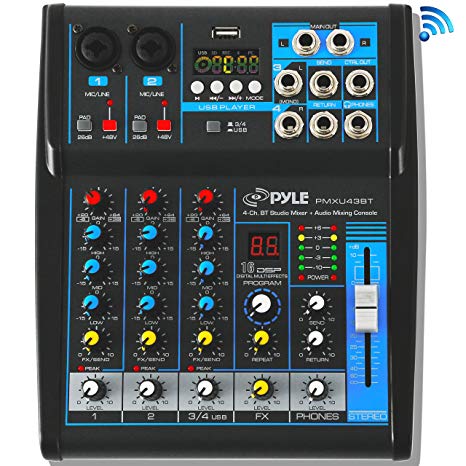 Pyle Professional Audio Mixer Sound Board Console System Interface 4 Channel Digital USB Bluetooth MP3 Computer Input 48V Phantom Power Stereo DJ Studio Streaming FX 16-Bit DSP Processor - PMXU43BT.5