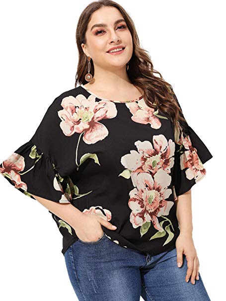 ROMWE Women's Plus Floral Print Flounce Sleeve Blouse Top Shirts