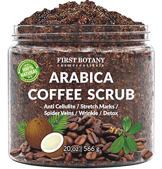 100% Natural Arabica Coffee Scrub with Organic Coffee, Coconut and Shea Butter - Best Acne, Anti Cellulite and Stretch Mark treatment, Spider Vein Therapy for Varicose Veins & Eczema (20 oz)