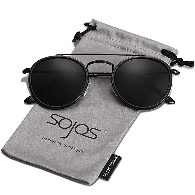 SOJOS Small Round Polarized Sunglasses Double Bridge Frame Mirrored Lens SUNSET