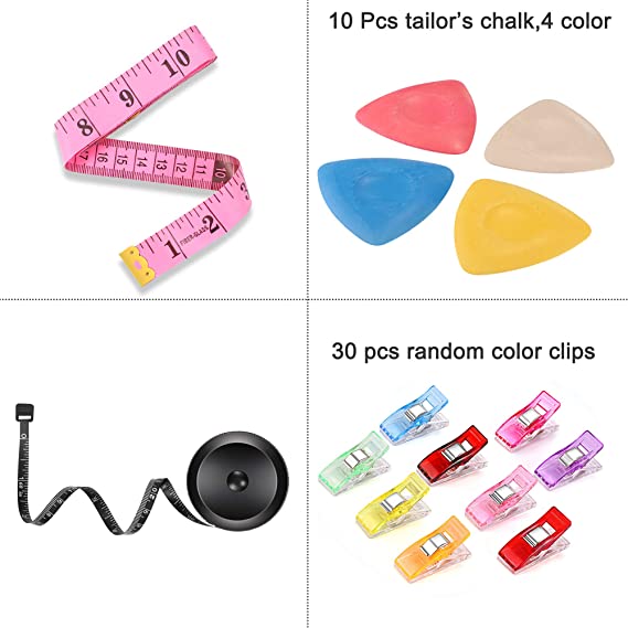 Lelife Sewing Clips for Fabric X 30PCS,Tailor's Chalk X 10 Pcs, Measure Tapes X 2 Pcs