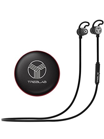 TREBLAB J1 Bluetooth Earbuds, Best Wireless Headphones For Sports Gym Running. [2017 Upgraded] IPX6 Waterproof Sweatproof, Magnetic Secure-Fit Headset. Noise Cancelling Earphones w/ Microphone Mic