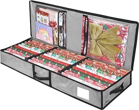 BALEINE SOFT Christmas Wrapping Paper Storage Bag, 40" Durable PE Gift Wrap Storage Bag with Flexible Partitions and Pockets for Ribbon, Accessories (Grey)