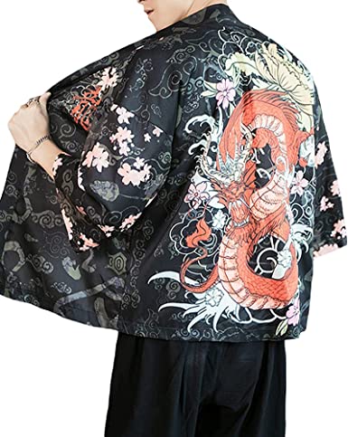 PRIJOUHE Men's Kimono Cardigan Jacket Japanese Style Flying Crane Seven Sleeves Open Front Coat