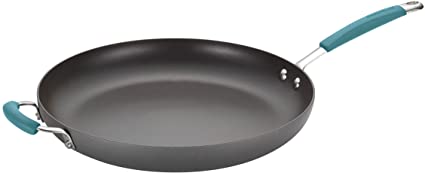 Rachael Ray Cucina Hard-Anodized Nonstick Skillet with Helper Handle with Agave Blue Handles, 14-Inch, Gray