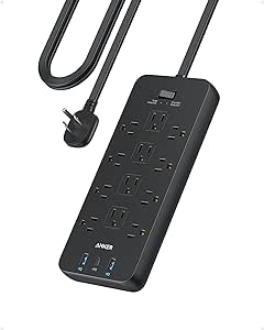 Surge Protector Flat Plug Power Strip(2100J), 12 AC Outlets, Anker 5ft Flat Extension Cord, 1USB C and 2 USB Ports for Multiple Devices, 20W Fast Charging for Home, Office, Dorm Essential, TUV Listed