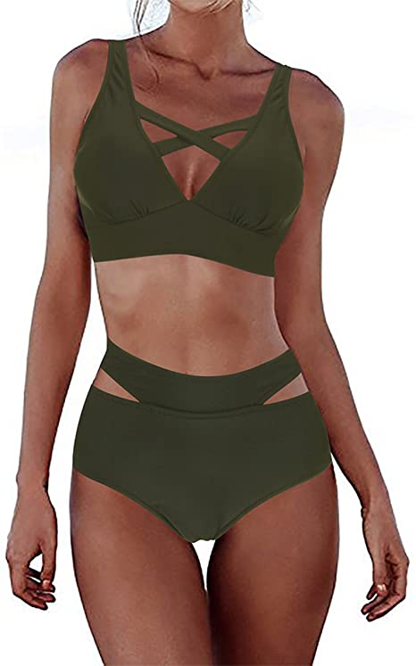 FeelinGirl Women's Sexy Criss Cross High Waist Bandage 2PCS Bikini Set Swimsuit