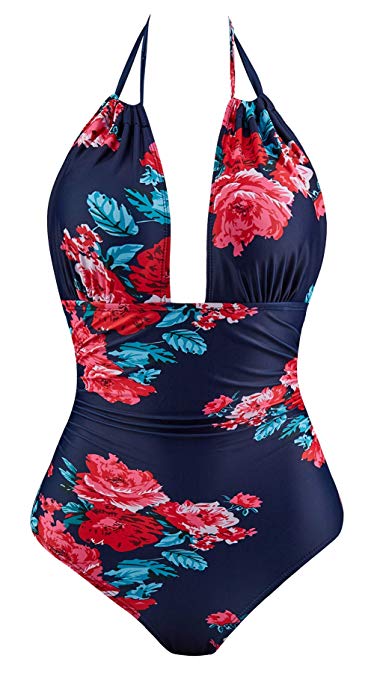 Eomenie One Piece Swimsuits for Women Slimming Monokini Tummy Control Swimwear Plus Size Bathing Suits V Neckline Halter