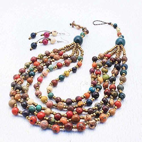 Multi Colored Bib Necklace and Earring Set with Multi Strands, Statement Fair Trade Jewelry, Handmade