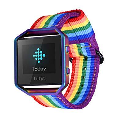 Bandmax Compatible for Fitbit Blaze Bands,Denim Fabrics Rainbow Band Replacement with Colorful Frame Black Buckle Compatible Fitbit Blaze Smart Fitness Watch