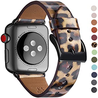 WFEAGL Compatible iWatch Band 38mm 40mm 42mm 44mm, Top Grain Leather Band for iWatch Series 5, Series 4,Series 3,Series 2,Series 1 (Leopard Band Black Square Adapter, 38mm 40mm)