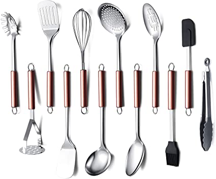 HOMQUEN Stainless Steel Kitchen Utensil Set, 12-Cooking Utensils, Kitchen Gadgets Cookware Set, Best Gift - Kitchen Tool Set (Rose Gold Handle)