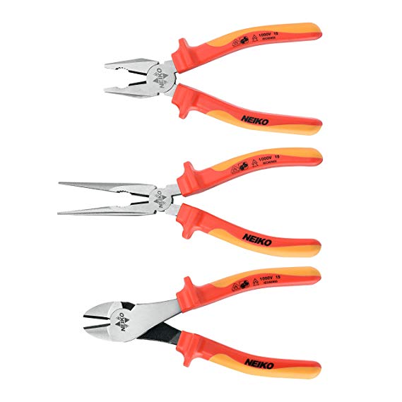 Neiko Pro 02040B Insulated Electrician Pliers/Cutter Set, 3-Piece | 1000V Tested with Carrying Case