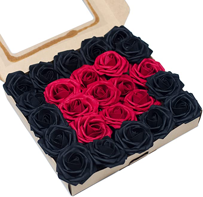 Umiss Roses Artificial Flowers Fake Flowers Wedding Decorations Set 50pcs Artificial Flora DIY Wedding Home Office Party Hotel Restaurant Patio Yard Decoration (Combo, 25pcs Red Wine   25pcs Blac)