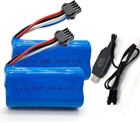 2 Pack 7.4V 1500mAh Li-ion Battery with SM-4P Plug for Huanqi 961 962 RC Boat UDI902 UDI002 RC Boat with USB Charger
