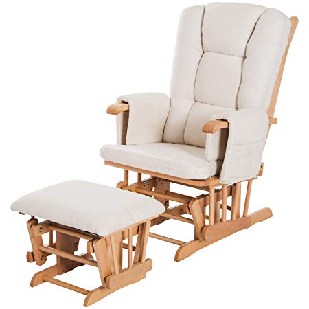 HOMCOM 2 Piece Glider Recliner Rocking Chair with Ottoman Set - White/Natural Wood