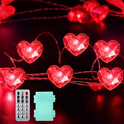 Heart String Light 13 ft 50 LEDs Valentine's Day Decorative Light String Wedding Decoration Battery Powered with 12 Modes, Remote and Timer for Wedding Anniversary Birthday (Red)