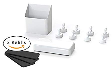 GlasMag White Magnetic Everclean Kit for Glass Whiteboards: Everclean Eraser   Mighty Marker Holder   8 White Pawns