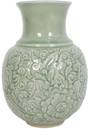 NOVICA Light Green Floral Celadon Ceramic Vase, Jade Landscape'