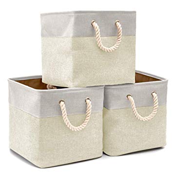 Collapsible Storage Bin Cube Basket [3-Pack] EZOWare Foldable Canvas Fabric Tweed Storage Bin Set with Handles for Home Office Closet (13 x 13 x 13 inches) (Cream/Light Gray)