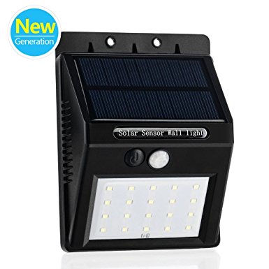 SinoPro New Generation Motion Sensor/Dim/Light Control Solar Powered Garden Wall Light, 20 LED Cool White Night Light, Waterproof Security Light, with 2200mAh Rechargeable Lithium Battery Inside