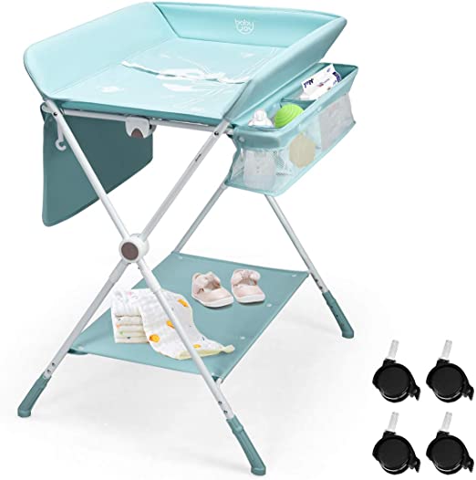 COSTWAY 4-in-1 Baby Changing Table, Adjustable Infant Care Station with Wheels and Storage, Folding Newborn Bath and Massage Tables Diaper Organizer (Blue)