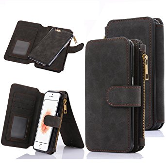 iPhone SE Case, iPhone 5S Case, CaseUp 12 Card Slot Series - [Zipper Cash Storage] Premium Flip PU Leather Wallet Case Cover With Detachable Magnetic Hard Case For iPhone SE/5S/5, Black