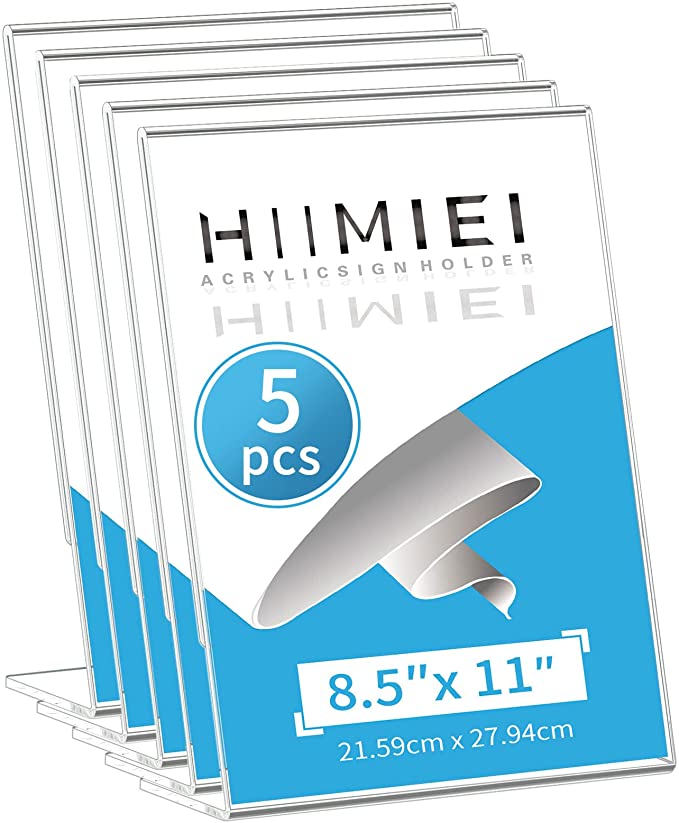 HIIMIEI Acrylic Slant Sign Holder 8.5x11 5 Pack, Plastic Table Menu Display Stand Holder, Plexi Single Ad Frame for Restaurants,Hotels,Stores