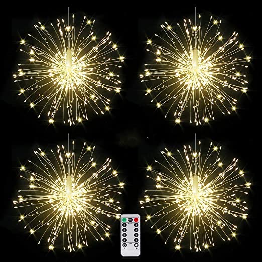 4 packs Firework Lights Copper Wire LED Lights, 8 Modes Dimmable String Fairy Lights with Remote Control, Waterproof Hanging Starburst Lights for Parties,Home,Christmas Outdoor Decoration