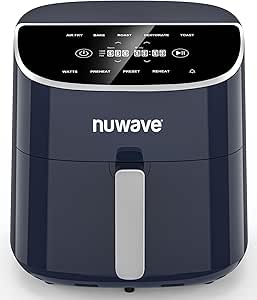 Nuwave Brio Plus 8 Qt Air Fryer, PFAS Free, New & Improved, Digital Touch Screen, Cool White Display, 50°F~400°F in Precise 5°, 5 Cook Functions, 100 Presets & 50 Memory, 3 Wattages 700, 1500, 1800