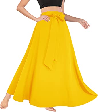 Afibi Women's High Waist Skirt Tie Front A-Line Flowy Long Maxi Skirts with Pockets