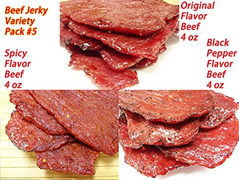 Variety Pack #5 Beef Jerky (12 Ounce weight) - Original Flavor beef (4 oz), Spicy Beef (4 oz), Black Pepper Beef (4 oz)