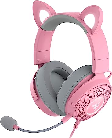 Razer Kraken Kitty V2 Pro Wired RGB Headset: Interchangeable Ears (Kitty, Bear, Bunny) - Stream Reactive Lighting - Detachable HyperClear Cardioid Mic - 50mm Drivers - 7.1 Surround Sound - Quartz Pink