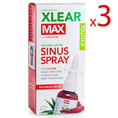 XLEAR MAX Nasal Spray, 1.5oz, 3 Pack, New! Natural Formula With Xylitol, Capsicum, and Aloe for Maximum Relief From Severe Sinus Pressure, Congestion, Headaches, and Dryness