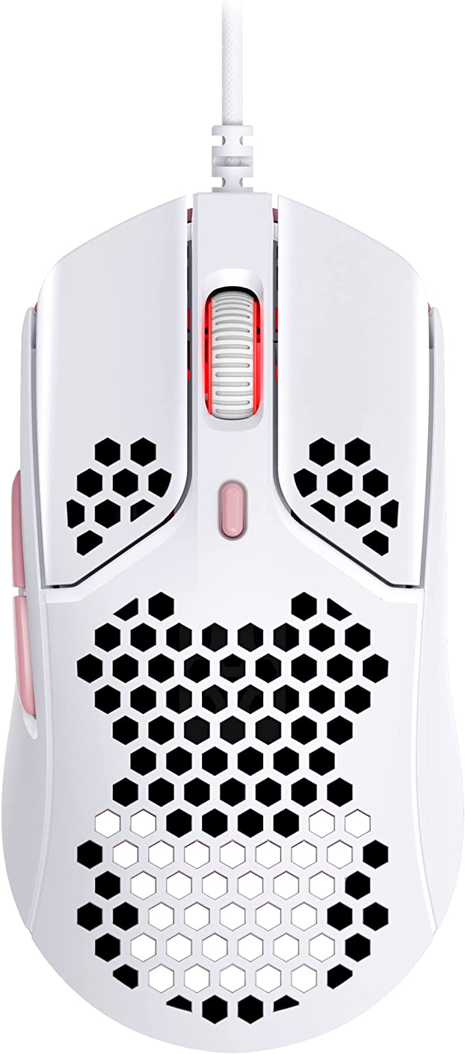 HyperX Pulsefire Haste – Gaming Mouse – Ultra-Lightweight, 60g, Honeycomb Shell, Hex Design, Hyperflex USB Cable, Up to 16000 DPI, 6 Programmable Buttons - White/Pink