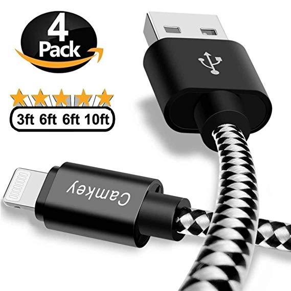 Camkey 4Pack [3.3FT 6.6FT 6.6FT 10FT ] lightning cable Nylon Braid Cord to USB Syncing iPhone Charger and Charging Cable,for iPhone 8/8 Plus/7/7 Plus/6/6 Plus/6s/6s Plus/5/5s/5c/SE (Black)