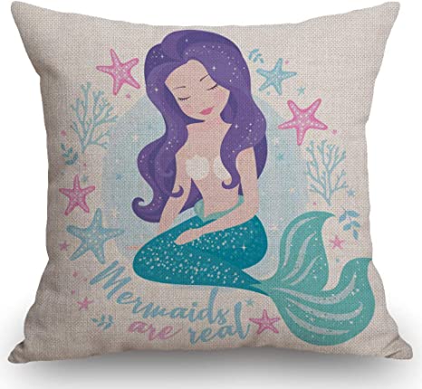 SSOIU Cute Mermaid Throw Pillow Cover Beautiful Mermaid with Purple Hair Decoration Cotton Linen Home Decorative Throw Pillow Case Cushion Cover for Sofa Couch, 18" x 18"
