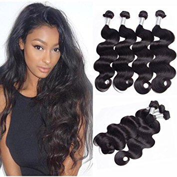 Guangxun Hair Brazilian Body Wave 4 Bundles 14 16 18 20inches Full Head,7A 100% Unprocessed Virgin Remy Human Hair Weave Extensions Natural Black Color