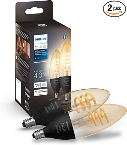 Philips Hue White Ambiance Filament E12 Candle Bulb, Full Range of White Light, Compatible with Alexa, Google Assistant, and Apple HomeKit, 2-Pack, Black (577080)