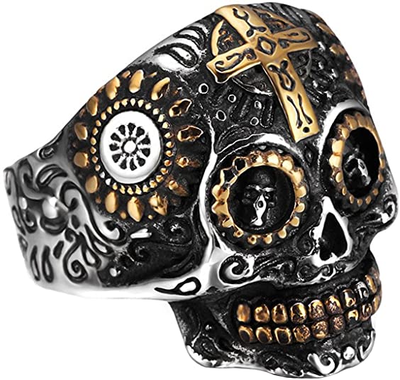 INRENG Men's Stainless Steel Silver Gold Gothic Cross Skull Ring Green Eye Vintage Flower Carved Halloween