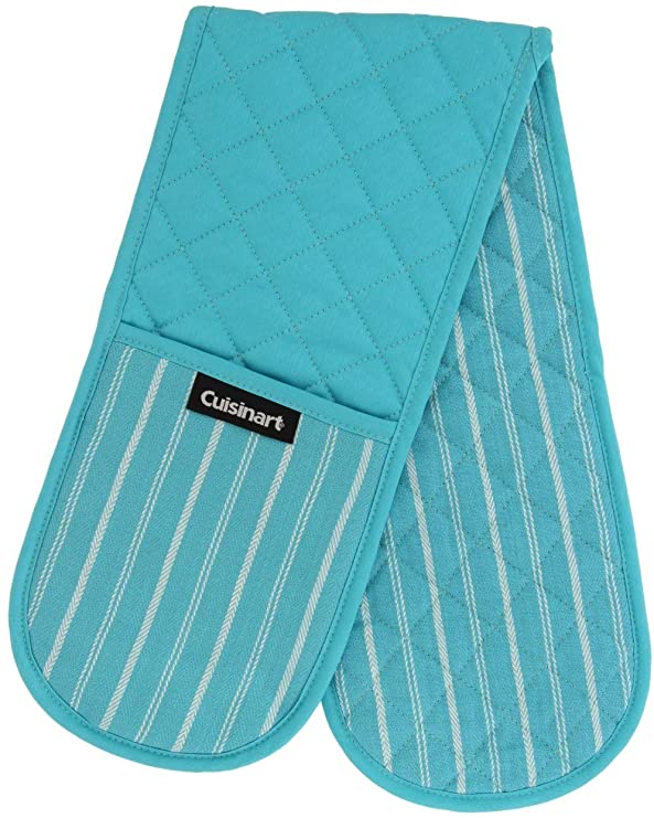 Cuisinart Quilted Double Oven Mitt, Twill Stripe, 7.5 x 35 inches - Heat Resistant Oven Gloves to Protect Hands and Arms - Great Set for Cooking, Baking, and Handling Hot Pots and Pans- Blue Curacao