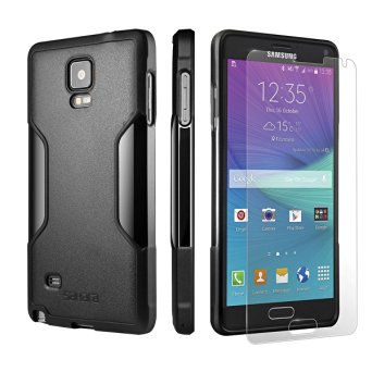 Note 4 Case, BlackBonus Tempered Glass Screen Protector Rugged Slim TPU Bumper SaharaCase [Built-In Camera Hood]