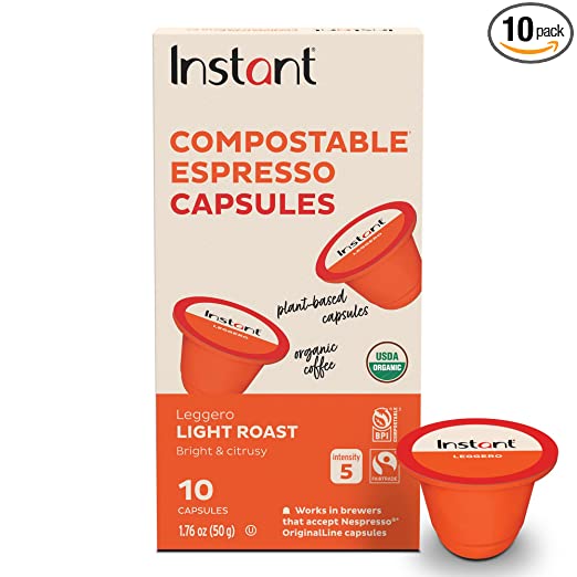 Instant Compostable Espresso Capsules, Leggero Light Roast, 10 Plant-based Capsules, From the Makers of Instant Pot, Eco-Friendly, 100% Organic, Arabica Espresso Capsules with Compostable Inner Bag