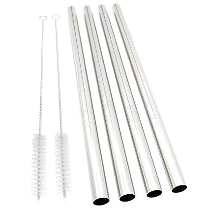 Super Big Drinking Straws Set 10" Extra Long 1/2" Extra Wide Reusable 304 Food-Grade 18/8 Stainless Steel for Frozen Drinks Boba Bubble Tea Smoothies and Shakes - Set of 4 with 2 Cleaning Brushes