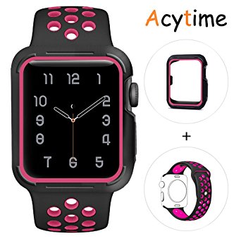 For Apple Watch Band, Acytime Durable Soft Silicone Replacement iWatch Band Sport Style Wrist Strap for Apple Watch Band Series 3 Series 2 Series 1 (Black Rose, 42mm M/L)
