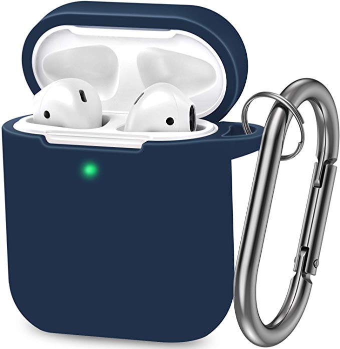AirPods Case, Silicone Cover with U Shape Carabiner,360°Protective,Dust-Proof,Super Skin Silicone Compatible with Apple AirPods 1st/2nd (Dark Blue)